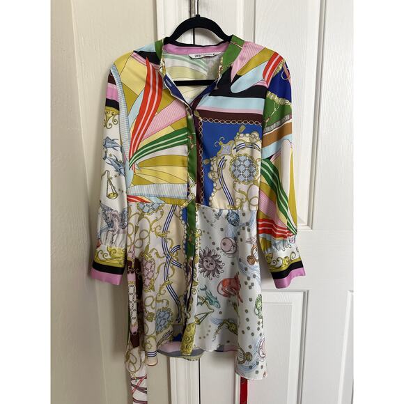Zara Colorful Long Sleeve Scarf Multi Print Mini Dress Medium - Picture 4 of 7